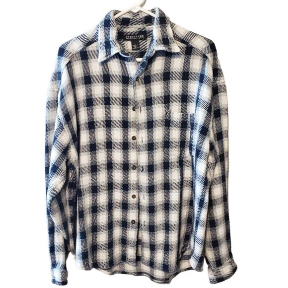 Structure Mens Plaid Flannel Button-Up Shirt jacket Blue & White size L - Picture 1 of 16